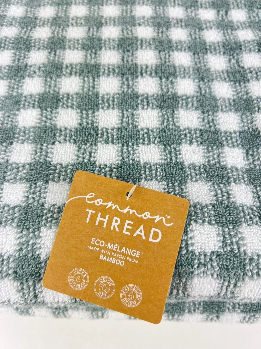 Common Thread Bath Towels Light Green White Check Eco-Melange Bamboo 2 Pc NEW